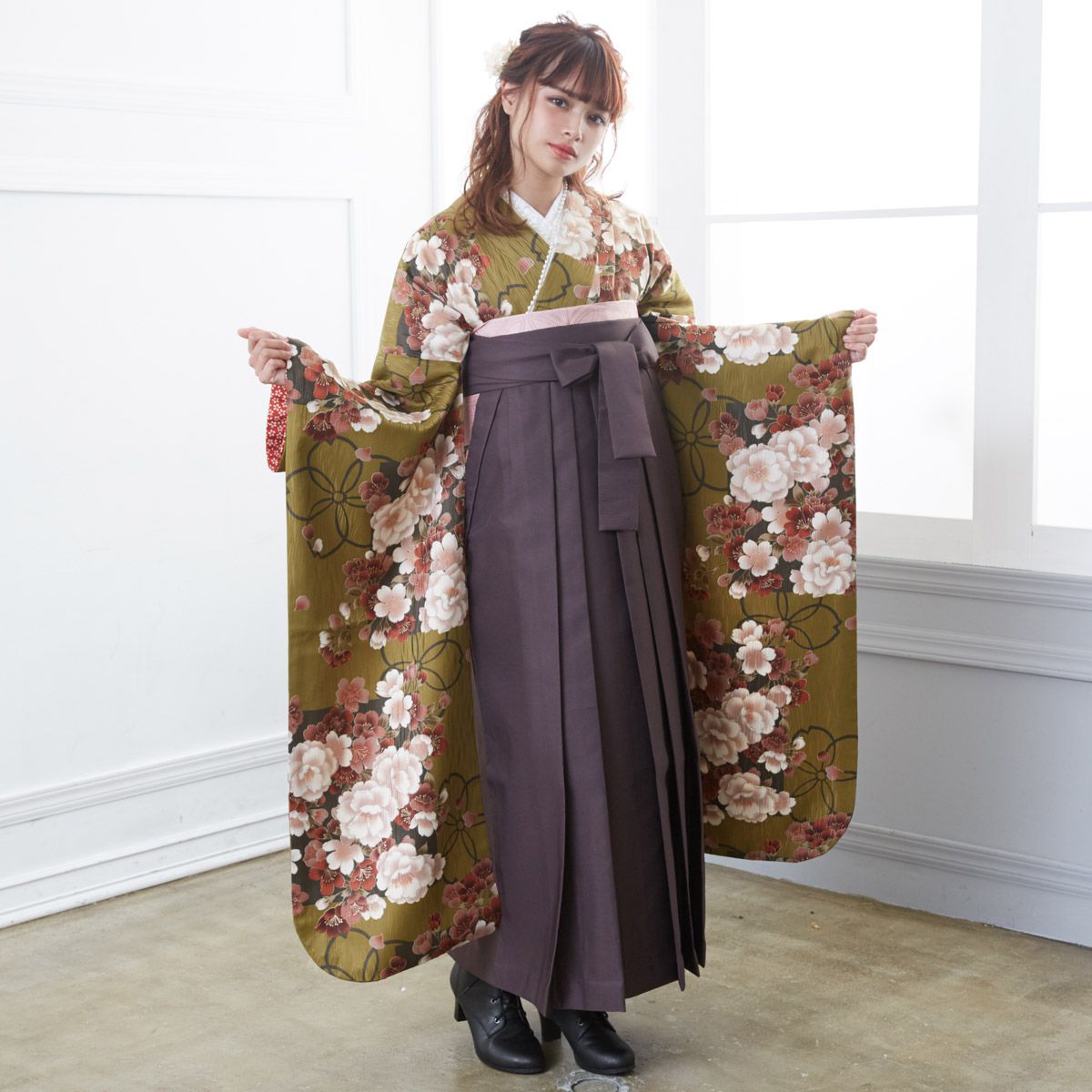  モスグリーン 桜浪漫 レンタル 振袖袴 R650