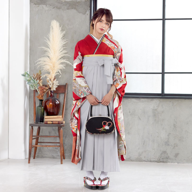  【SALE】 赤 大熨斗目に御所車  絹 レンタル 振袖袴 R603