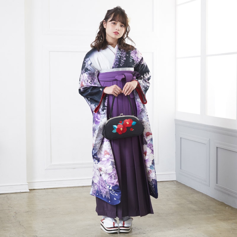  黒 大輪牡丹と藤  絹  宅 レンタル 振袖袴 R576