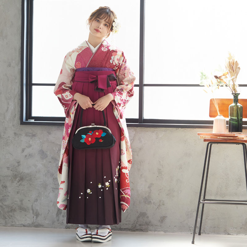  【SALE】 赤紫 辻が花風菊と松竹梅  絹 レンタル 振袖袴 R575