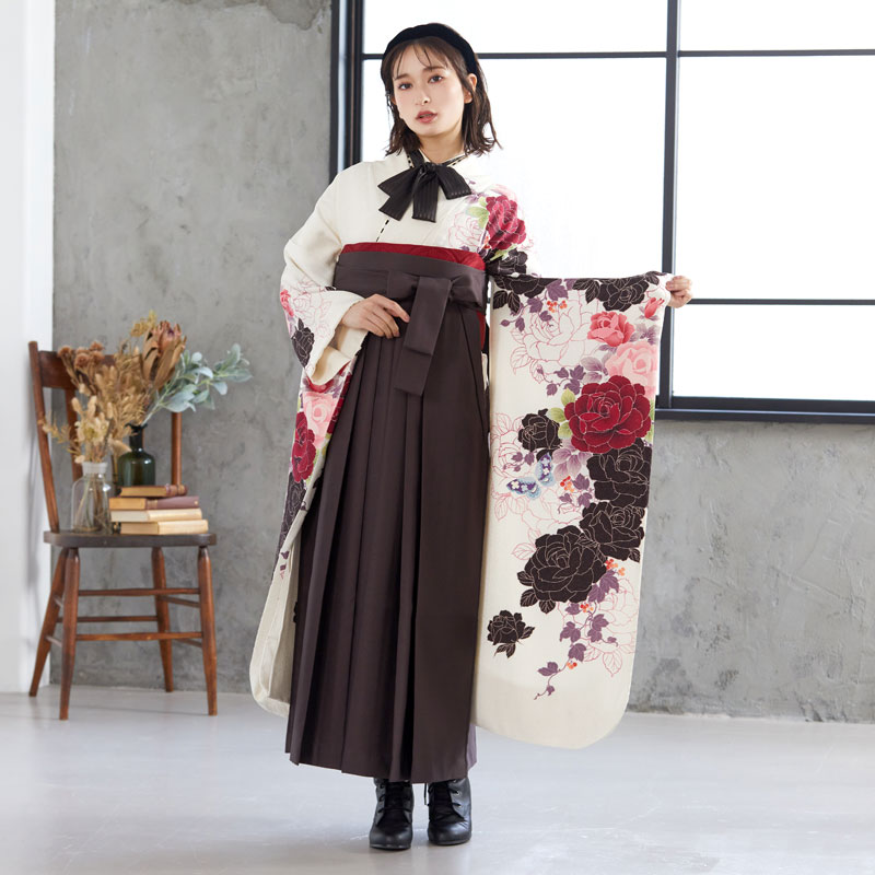  【SALE】 白 クラシックローズ 絹 レンタル 振袖袴 R556