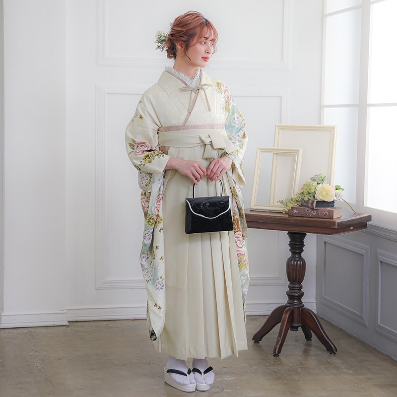  【SALE】 白 薔薇と孔雀  R586  絹 レンタル 振袖袴 R554