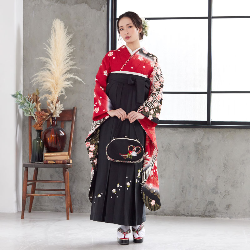  【SALE】 赤黒 絞り梅に松  絹 レンタル 振袖袴 R540