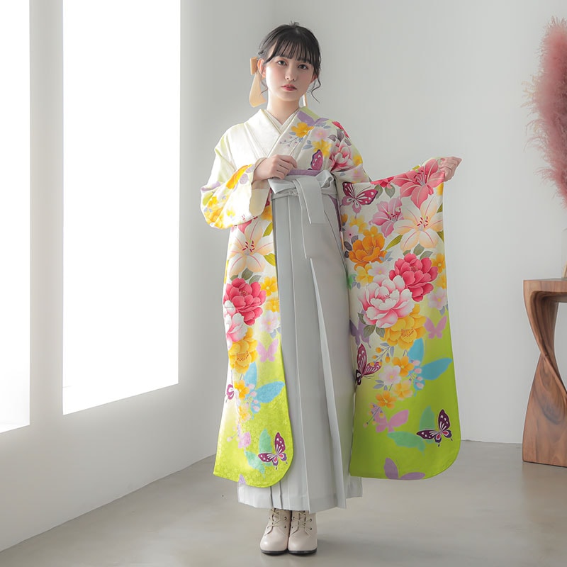 hiromichi nakano 【SALE】 白×グリーン　百合桜に蝶  絹 レンタル 振袖袴 R516