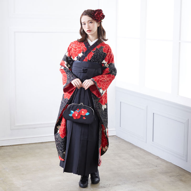 ジャパンスタイル 【SALE】 黒 大輪赤牡丹 レンタル 振袖袴 R501