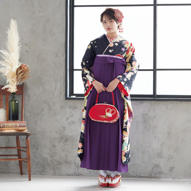  【SALE】 黒 古典 花くす玉に熨斗 絹 レンタル 振袖袴 R493