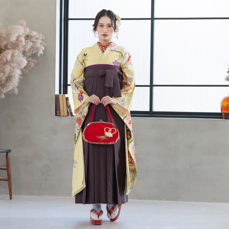  【SALE】 黄 花笠松に松竹梅  絹 レンタル 振袖袴 R486