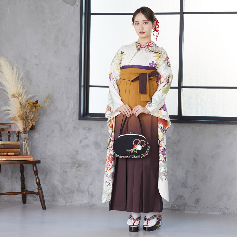  【SALE】 白 花笠松に松竹梅 絹 レンタル 振袖袴 R484