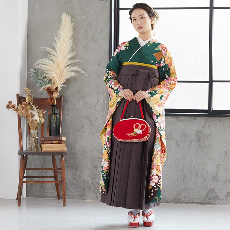  【SALE】 深緑 豪華古典熨斗桜  絹 レンタル 振袖袴 R1533