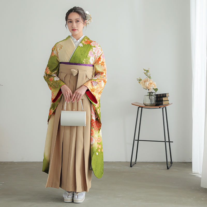  黄緑　牡丹に鼓 絹 レンタル 振袖袴 R1529