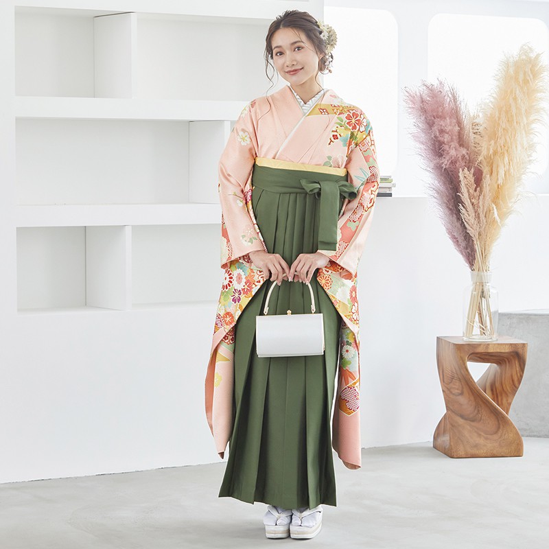  ピンク 熨斗に松花の丸  絹 レンタル 振袖袴 R1526