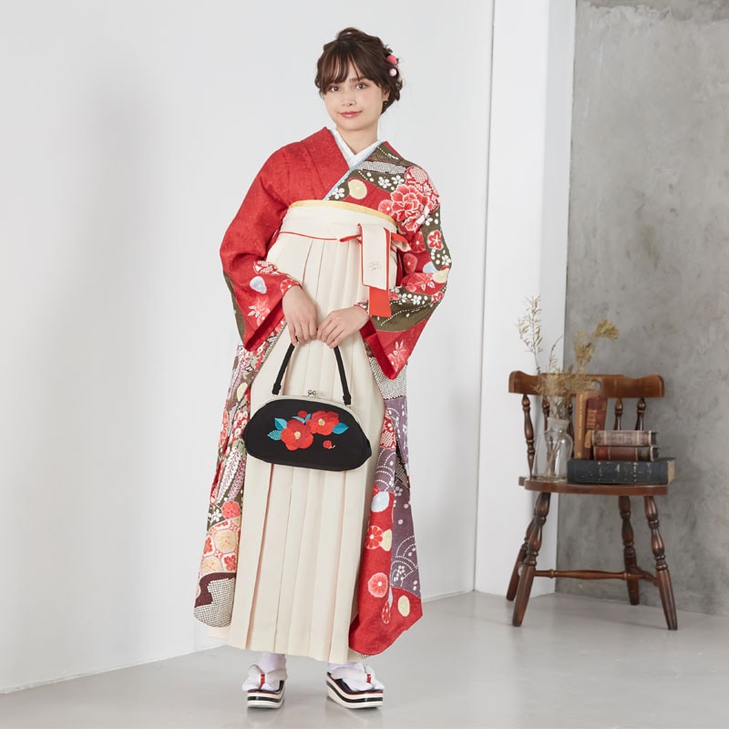  【SALE】 赤 熨斗に菊・牡丹 絹 レンタル 振袖袴 R1524