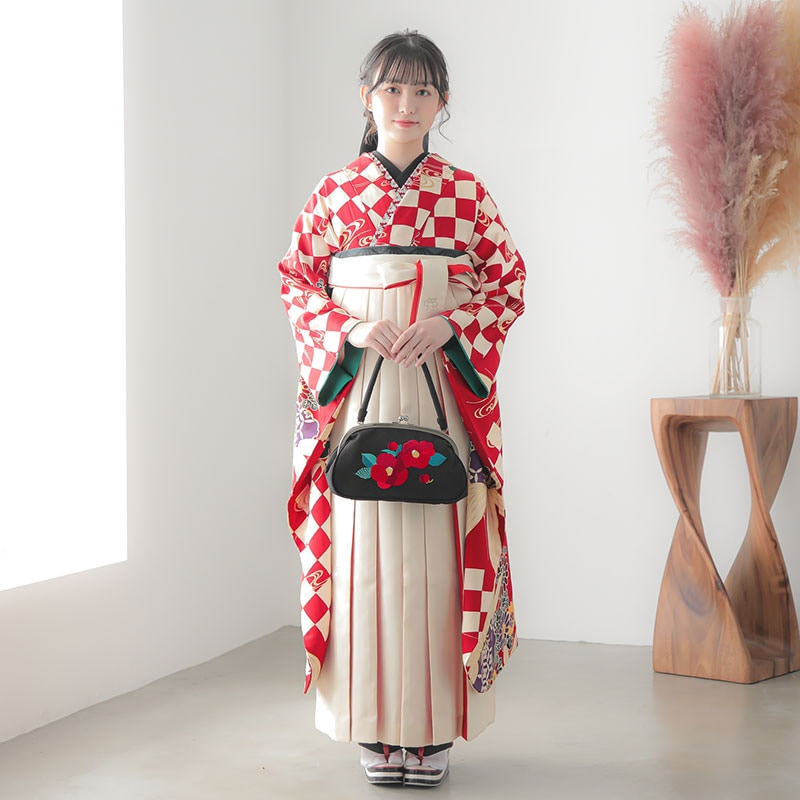 モダンアンテナ 【SALE】 赤×ベージュ　市松に流水笹雪輪  絹  R1709 レンタル 振袖袴 R1519