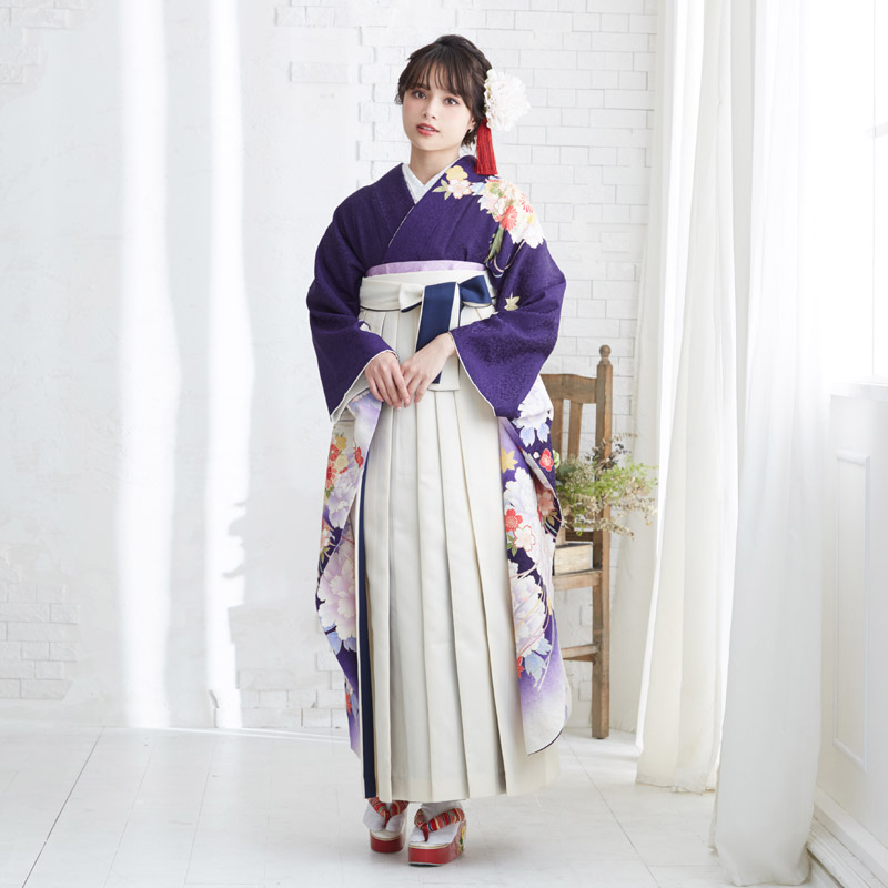  【SALE】 白×紫 牡丹に薬玉文様  絹 レンタル 振袖袴 R1498