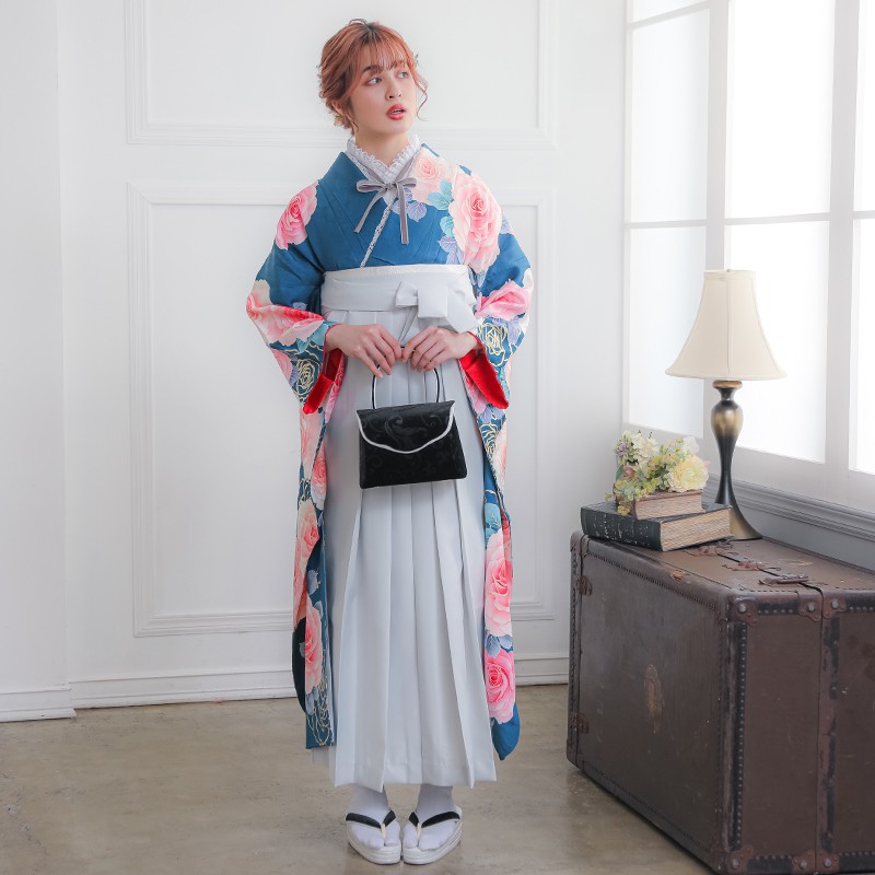 MIIA 【SALE】 藍 大輪薔薇 絹 レンタル 振袖袴 R1489