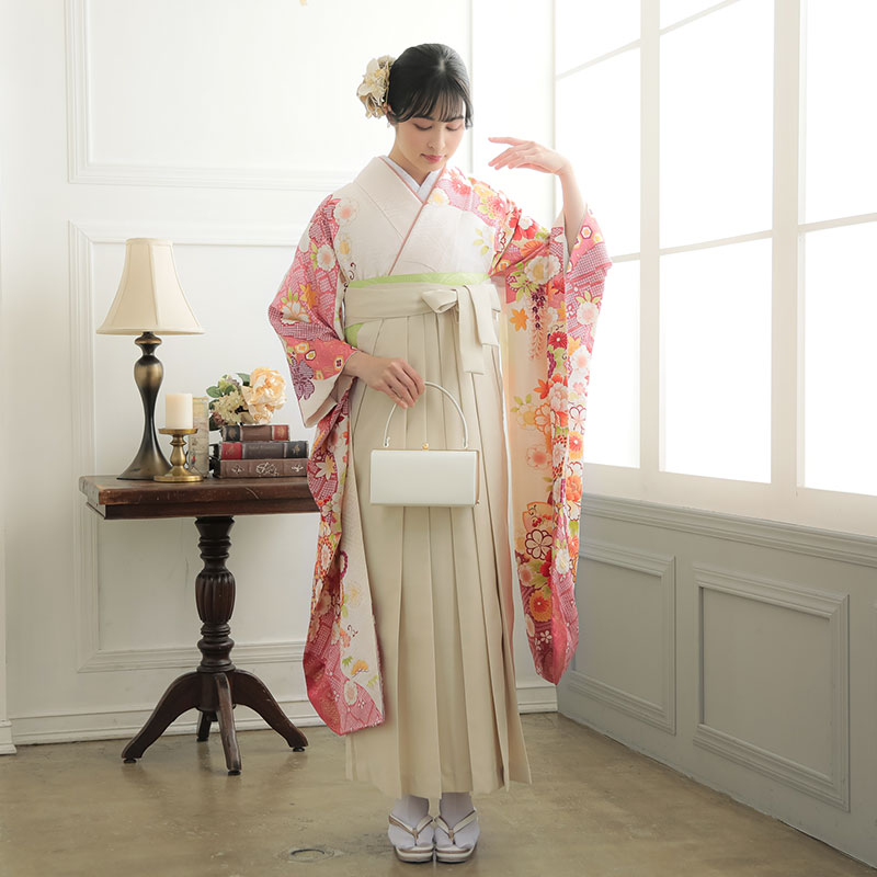  白　道長取に花貝桶  絹 レンタル 振袖袴 R1483