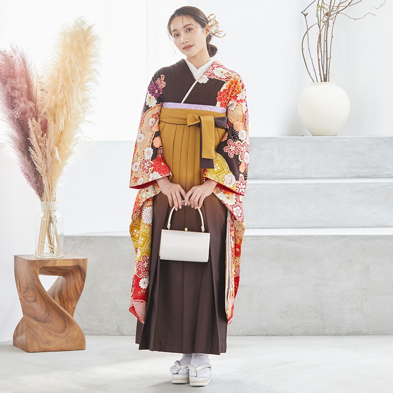  【SALE】 茶 雪輪取 豪華疋田絞  絹 レンタル 振袖袴 R1480