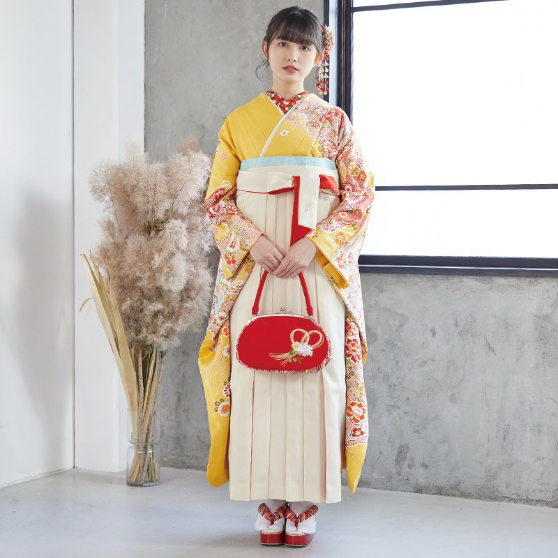  黄 平安王朝 花草古典文 絹 レンタル 振袖袴 R1479