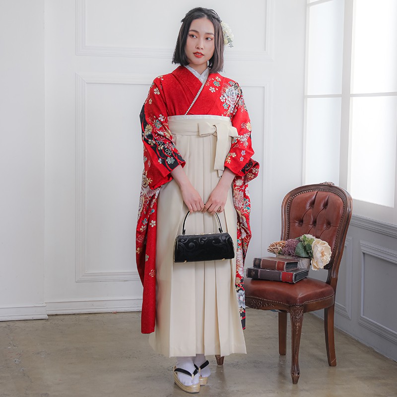  【SALE】 赤 薔薇牡丹に蝶 絹 レンタル 振袖袴 R1476