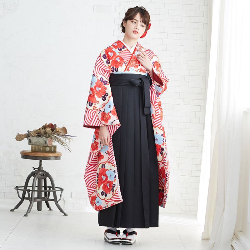 和遊日 【SALE】 白赤 波に椿紋 R1604 レンタル 振袖袴 R1475