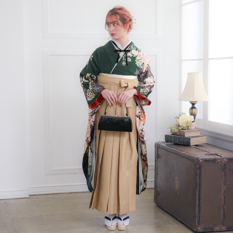  【SALE】 深緑 豪華金桜に薔薇 絹 レンタル 振袖袴 R1452