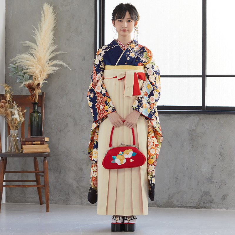  【SALE】 紺 流水古典花 絹 レンタル 振袖袴 R1451