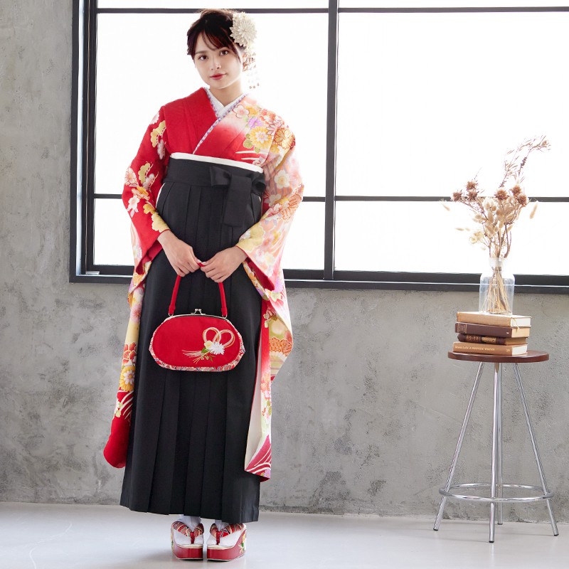  【SALE】 赤 ラメ 波に華麗花扇  絹 レンタル 振袖袴 R1450