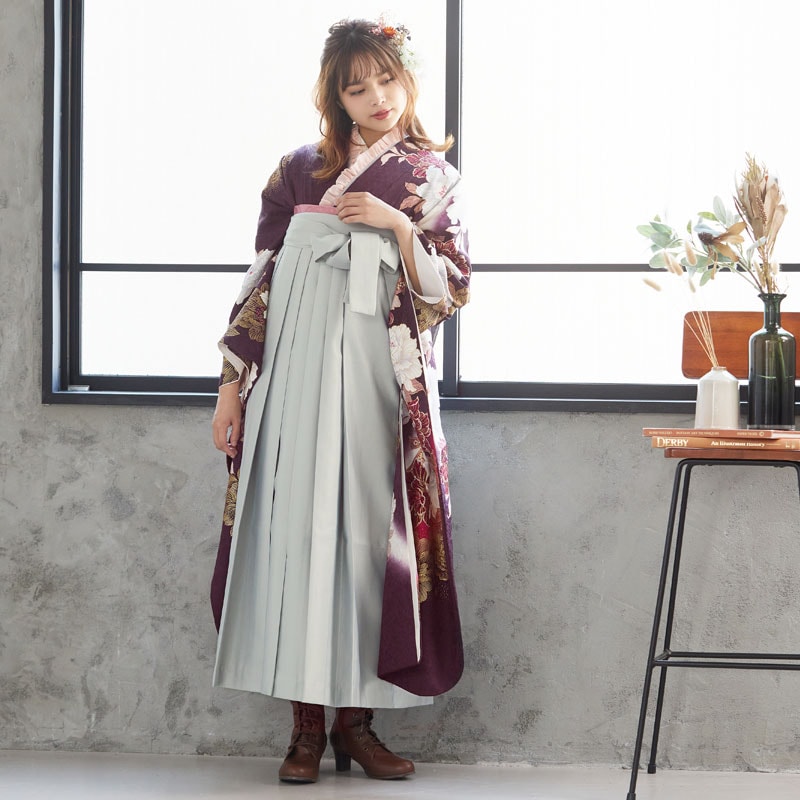  【SALE】 濃紫 絢爛豪華 牡丹にレース  絹 レンタル 振袖袴 R1436