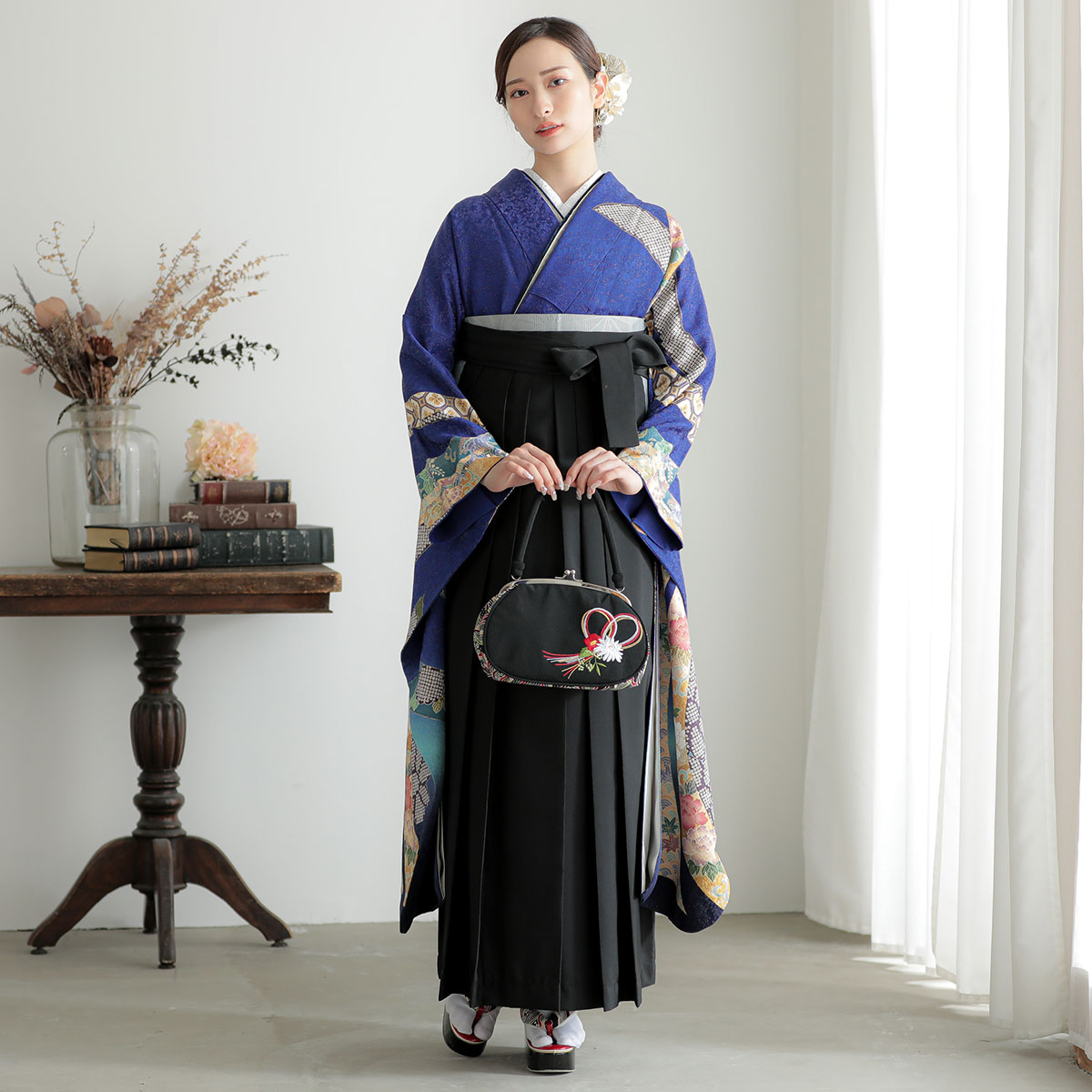  【SALE】 青　熨斗に菊花  絹 レンタル 振袖袴 R1429