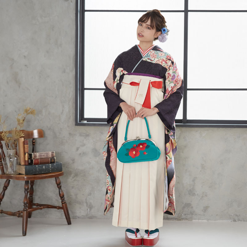  【SALE】 濃紫黒 丸紋疋田熨斗  絹  宅  Web限定商品 レンタル 振袖袴 R1428