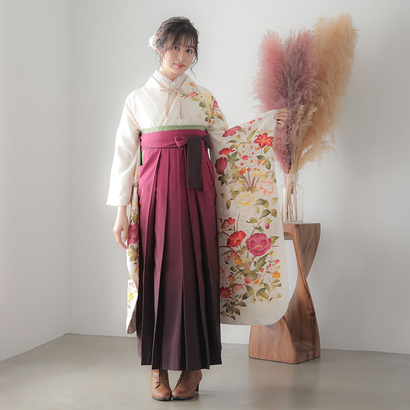  【SALE】 白　薔薇とカトレア  絹  宅 レンタル 振袖袴 R1399