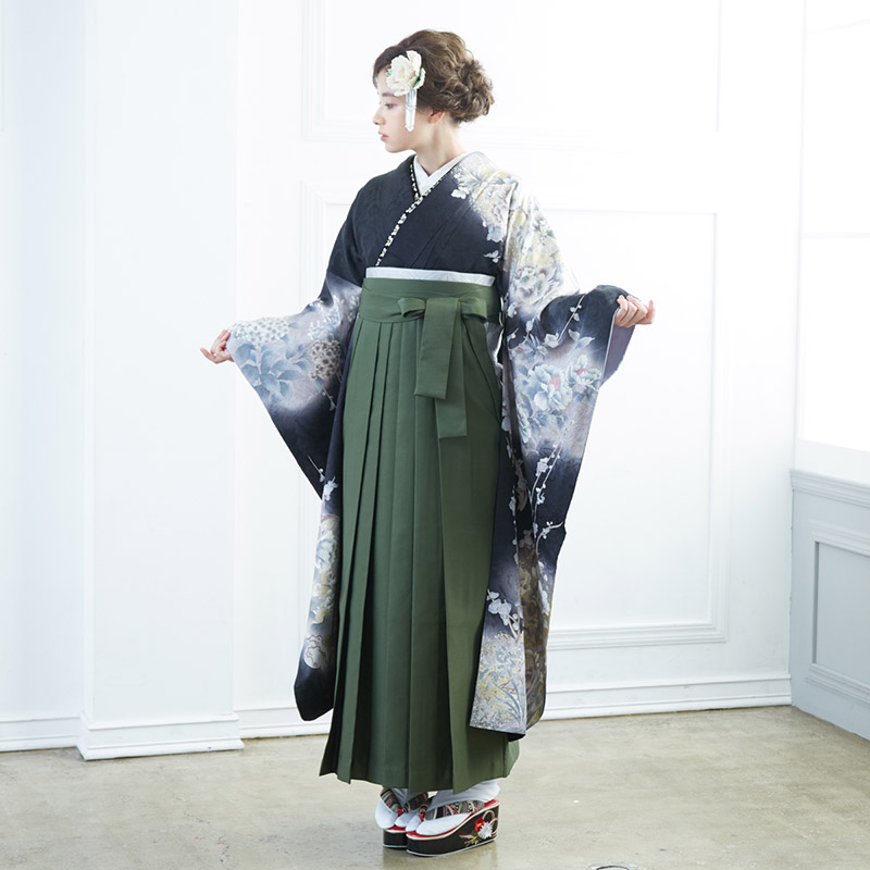  黒 墨絵調 牡丹に槍梅  絹  宅 レンタル 振袖袴 R1382