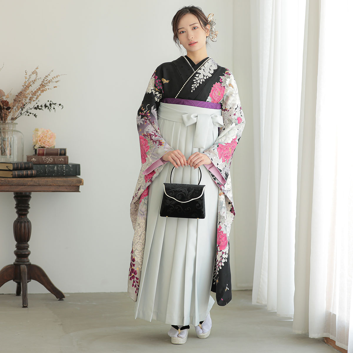 FINAL STAGE 黒　牡丹と藤 絹 レンタル 振袖袴 R1366