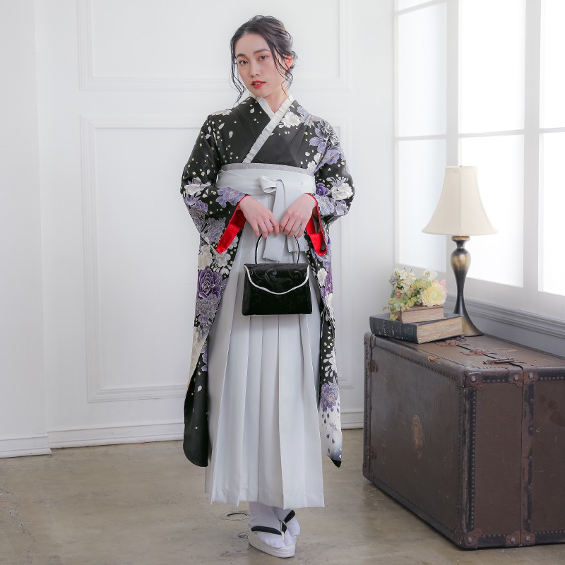  【SALE】 黒 枝垂桜に牡丹 絹 レンタル 振袖袴 R1365