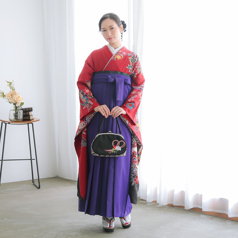  【SALE】 赤　紅型風　花熨斗鴛鴦  絹 レンタル 振袖袴 R1362