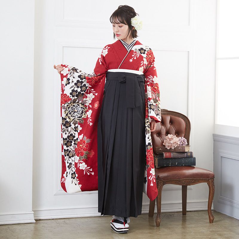  【SALE】 赤 豪華金彩 牡丹桜  絹 レンタル 振袖袴 R1358