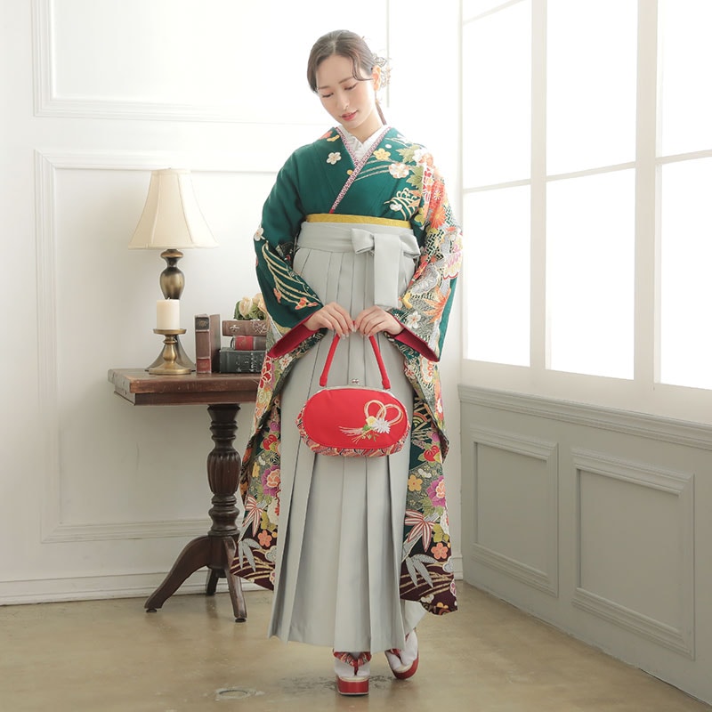 緑 豪華古典松竹梅 絹 レンタル 振袖袴 R1351