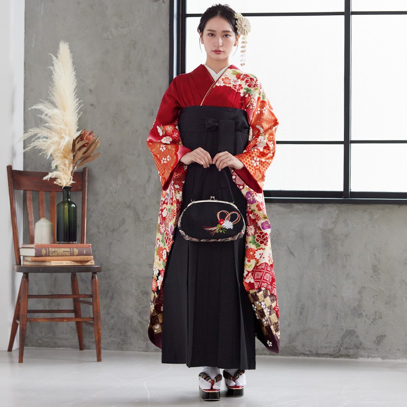  【SALE】 赤 雲取桜花車  絹 レンタル 振袖袴 R1350