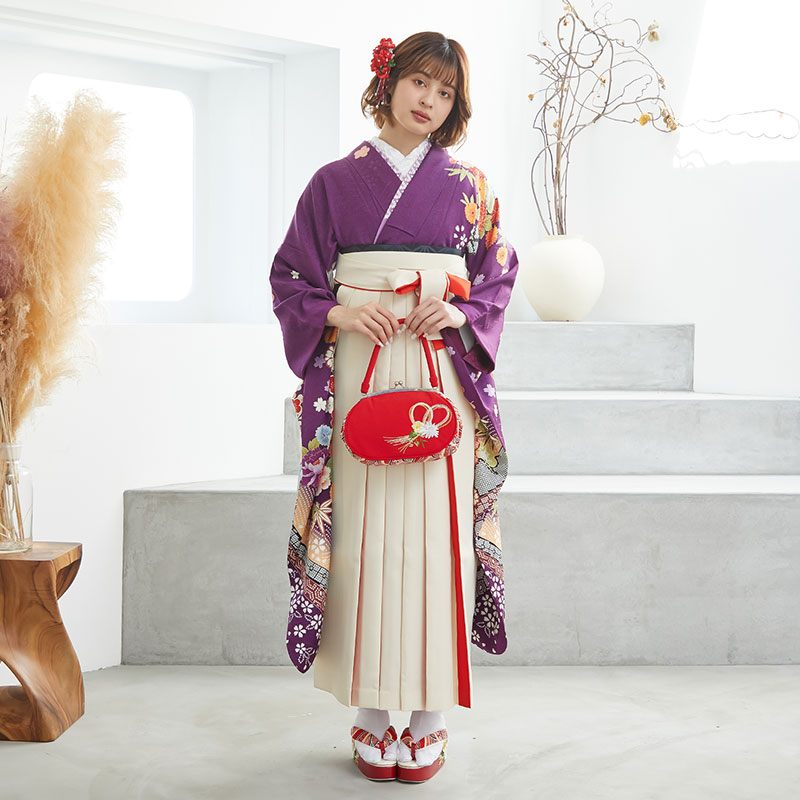  【SALE】 紫　牡丹と松竹梅  絹 レンタル 振袖袴 R1336