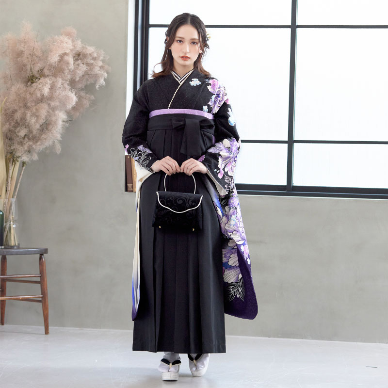  【SALE】 黒 牡丹に桜  絹 レンタル 振袖袴 R1329