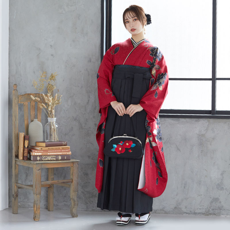 【SALE】 赤 黒牡丹 絹 宅 Web限定商品 レンタル 振袖袴 R1328