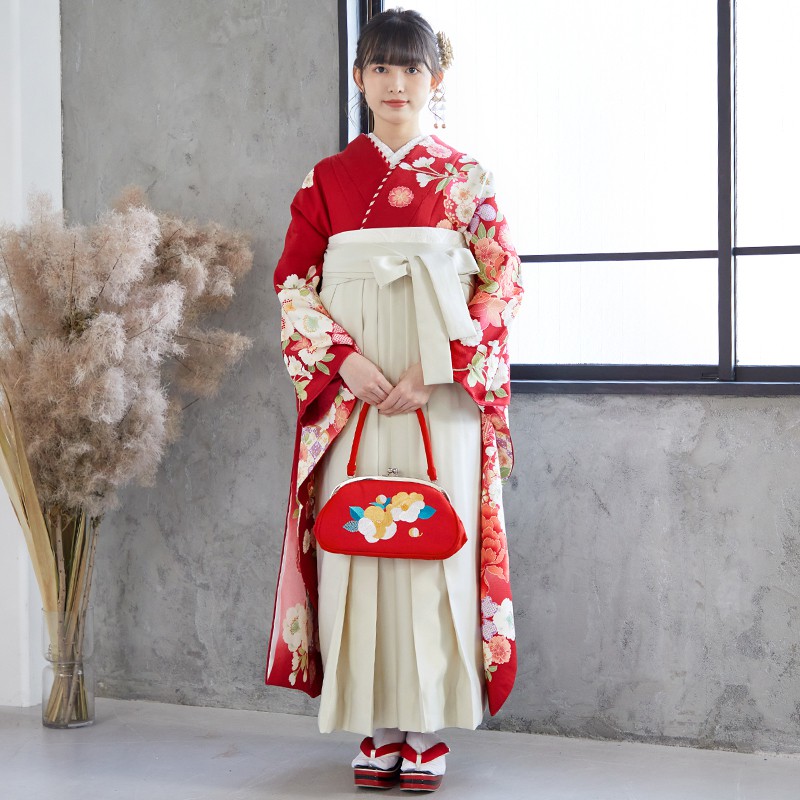  【SALE】 赤 雪輪に菊牡丹 絹  宅  Web限定商品 レンタル 振袖袴 R1292