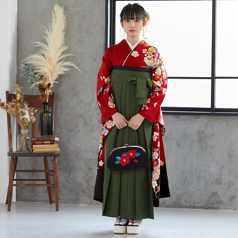  【SALE】 赤 吉祥貝桶に松竹梅  絹 レンタル 振袖袴 R1279