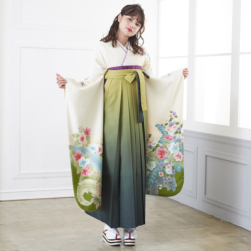 きもの道楽 【SALE】 オフホワイト 鳳凰に四季の花々 レンタル 振袖袴 R1248