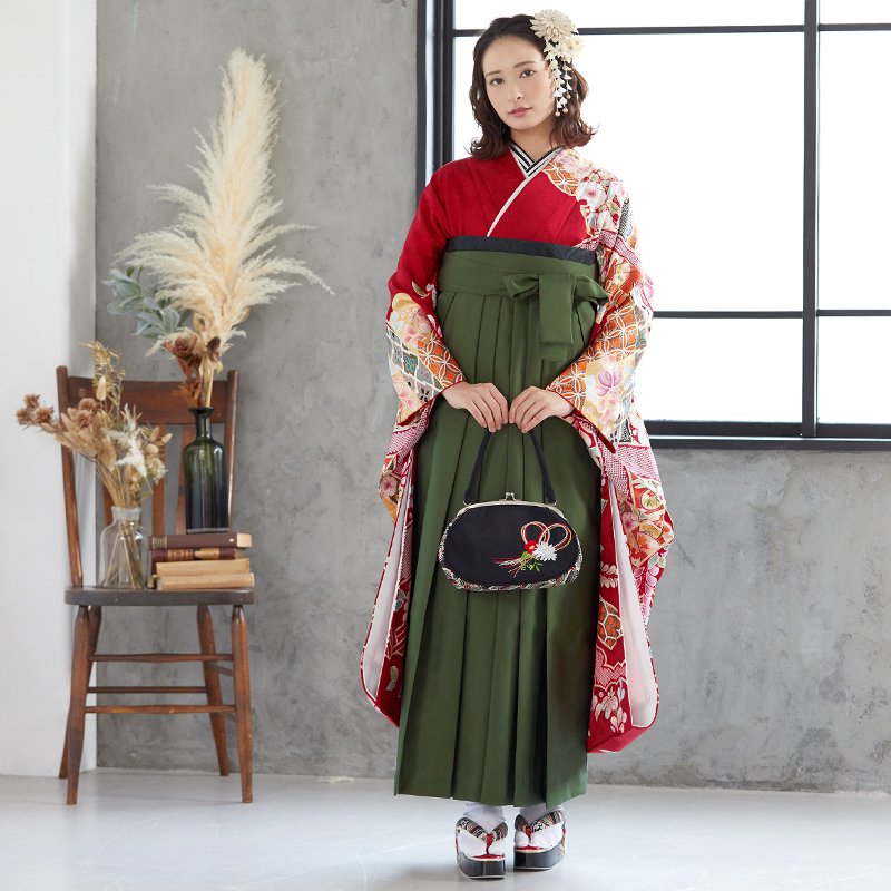  【SALE】 赤 雲取熨斗に辻が花 絹  宅  Web限定商品 レンタル 振袖袴 R1244