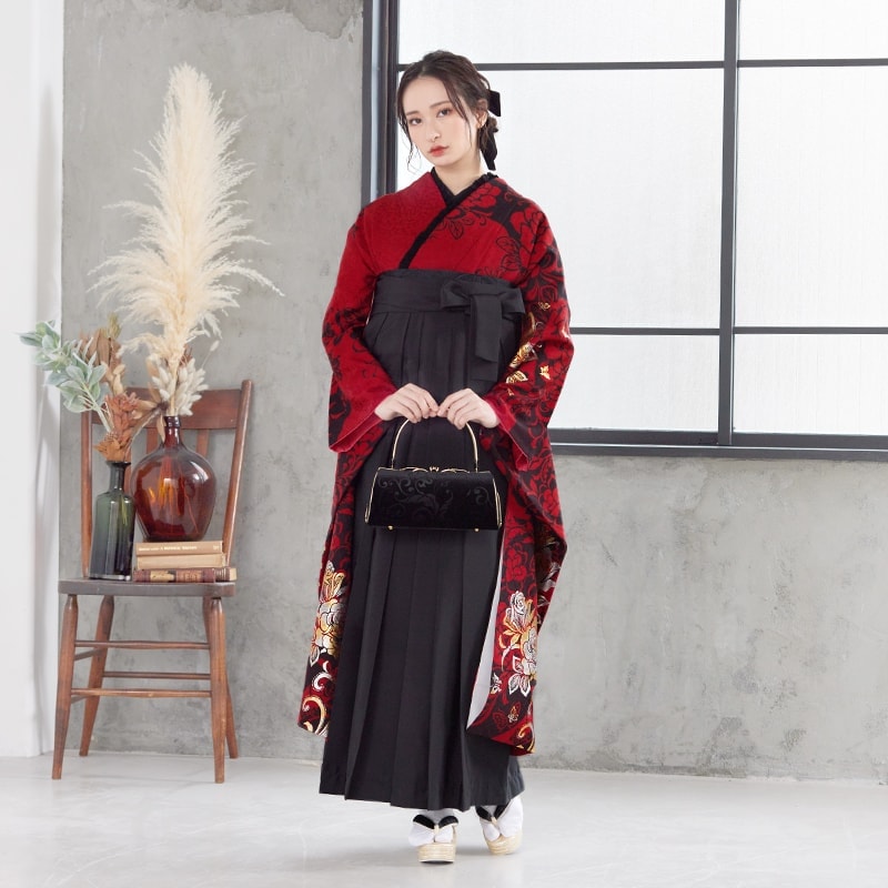  【SALE】 赤 薔薇に蝶  絹  R1230 レンタル 振袖袴 R1229