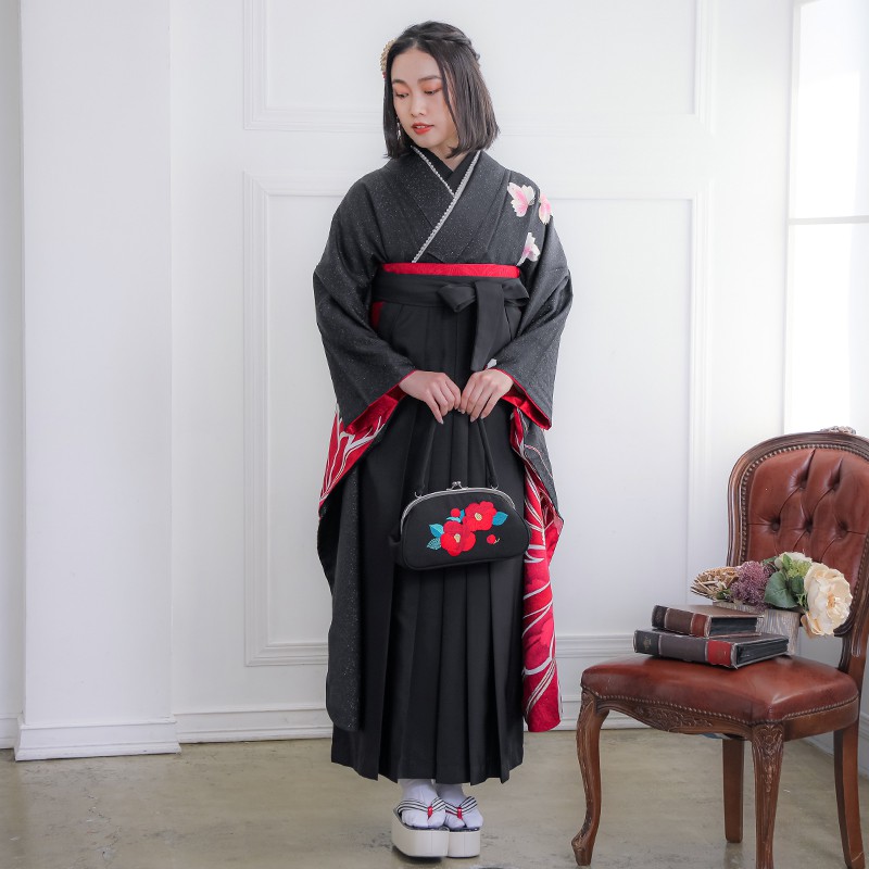  【SALE】 黒 桜蝶々 絹 レンタル 振袖袴 R1228