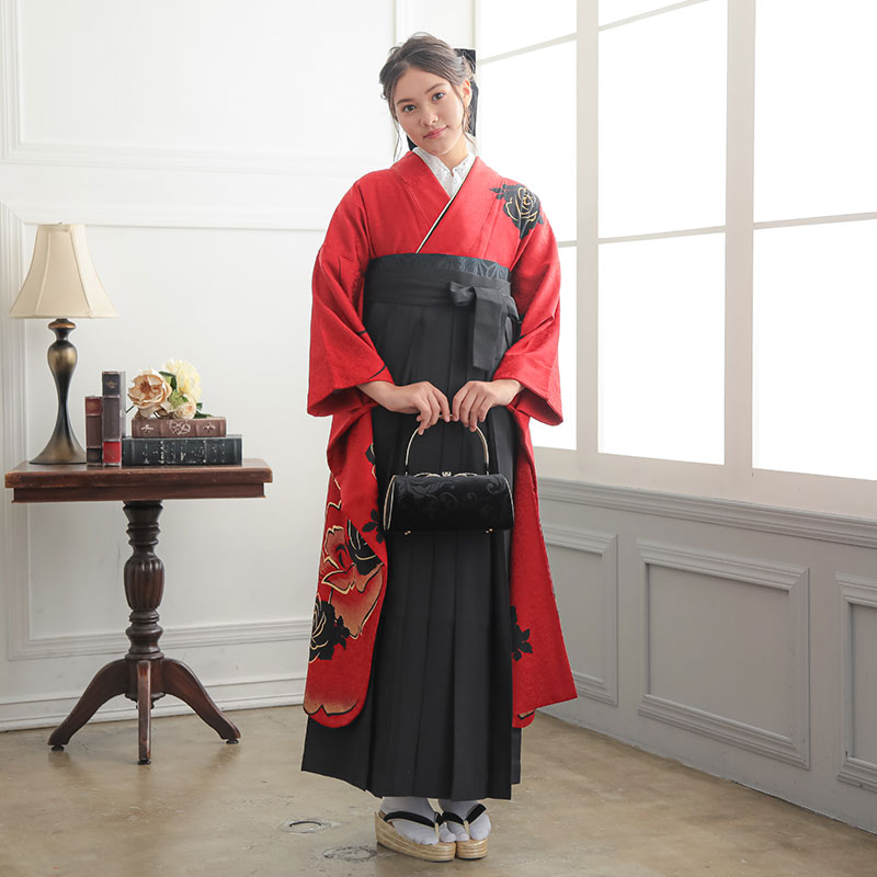  【SALE】 赤　薔薇  絹 レンタル 振袖袴 R1226