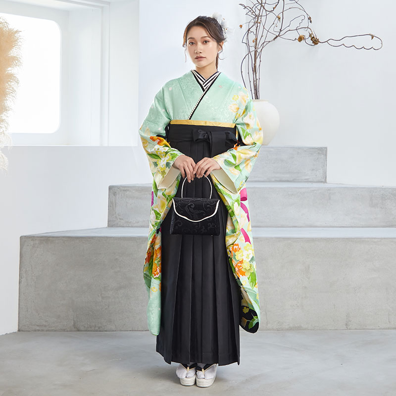 Lako Kula 【SALE】 グリーン　チューリップにリボン 絹 レンタル 振袖袴 R1205