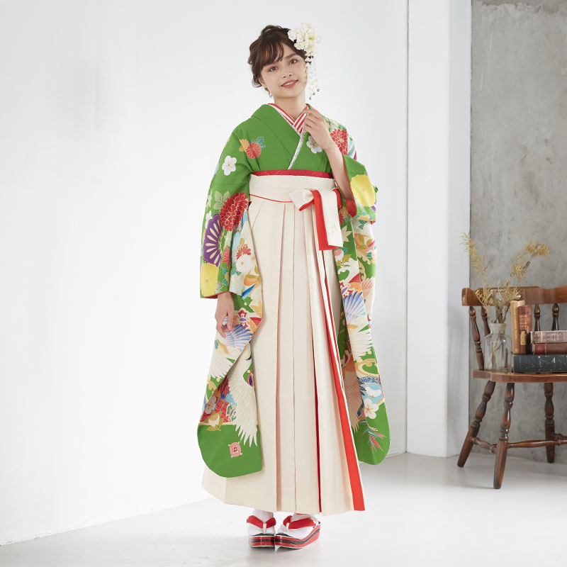 ジャパンスタイル 【SALE】 緑 波鶴に宝文 レンタル 振袖袴 R1200